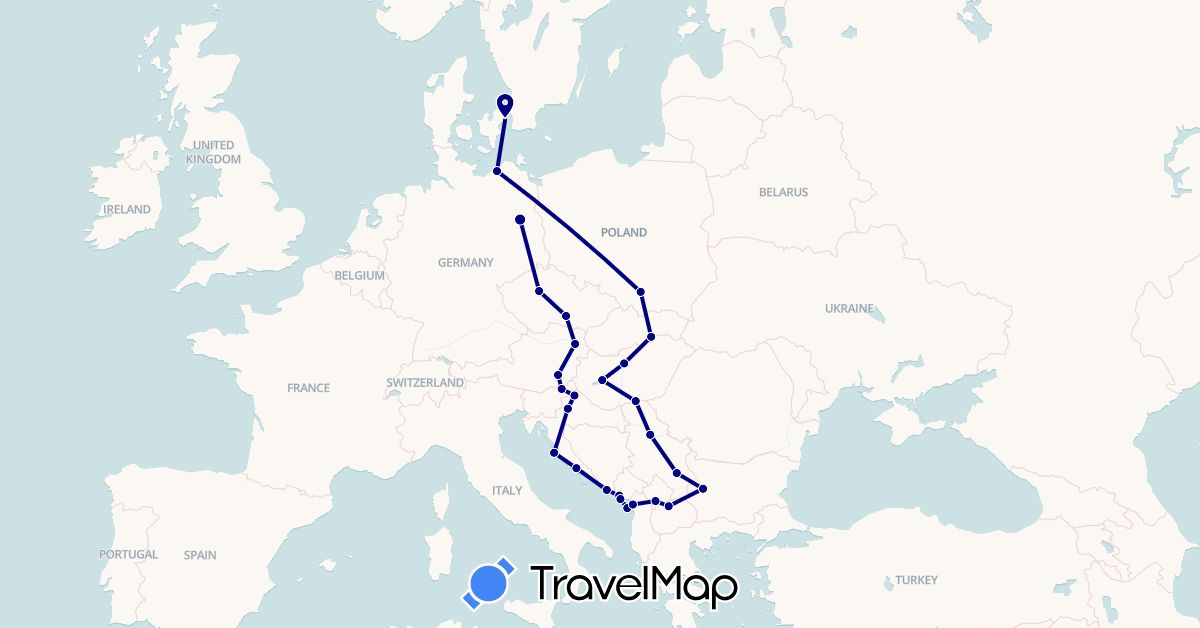 TravelMap itinerary: driving in Albania, Austria, Bulgaria, Czech Republic, Germany, Denmark, Croatia, Hungary, Montenegro, Macedonia, Poland, Serbia, Slovenia, Kosovo (Europe)